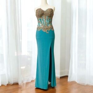 Corset Sequin Mermaid Prom Pageant Formal Green Seafoam Strapless Long Dress